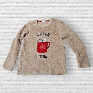 Cozy Womens Tan Fleece Pajama Shirt with Red Mug Design Size Large